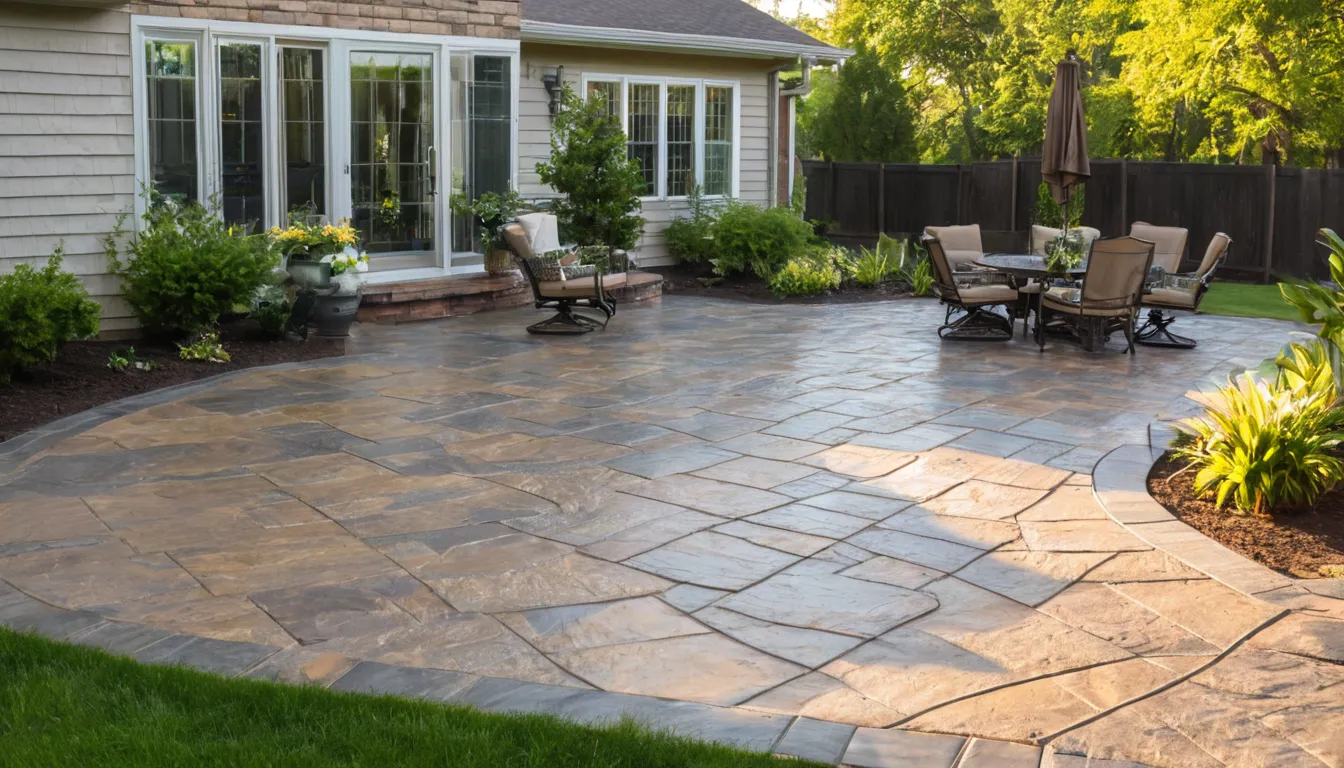Newly finished stamped concrete patio with a slate pattern behind a brick ranch home near DeSoto